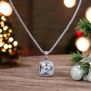 White Ice Cushion Pendant Necklace On 17” Box Style Chain
